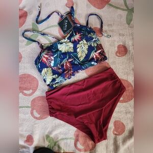3/$50  Zaful Leaf Print Bikini with Red Bottoms